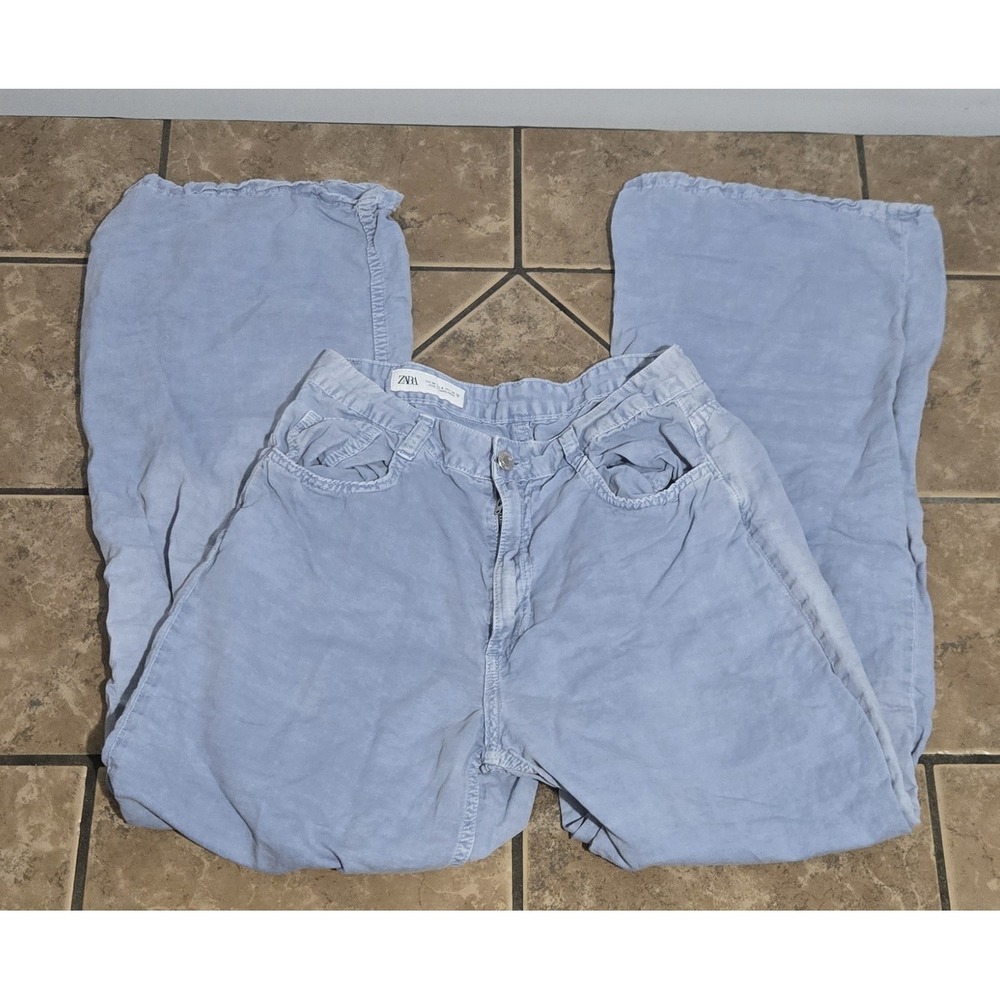 Zara Light Blue Corduroy Wide Leg Pants High Waisted Womens Size 6 EUR 38
